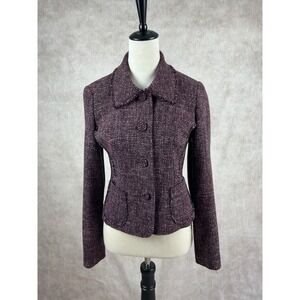 Ann Taylor Tweed Jacket Plum Tweed‎ Purple Button Front Collared Career Blazer